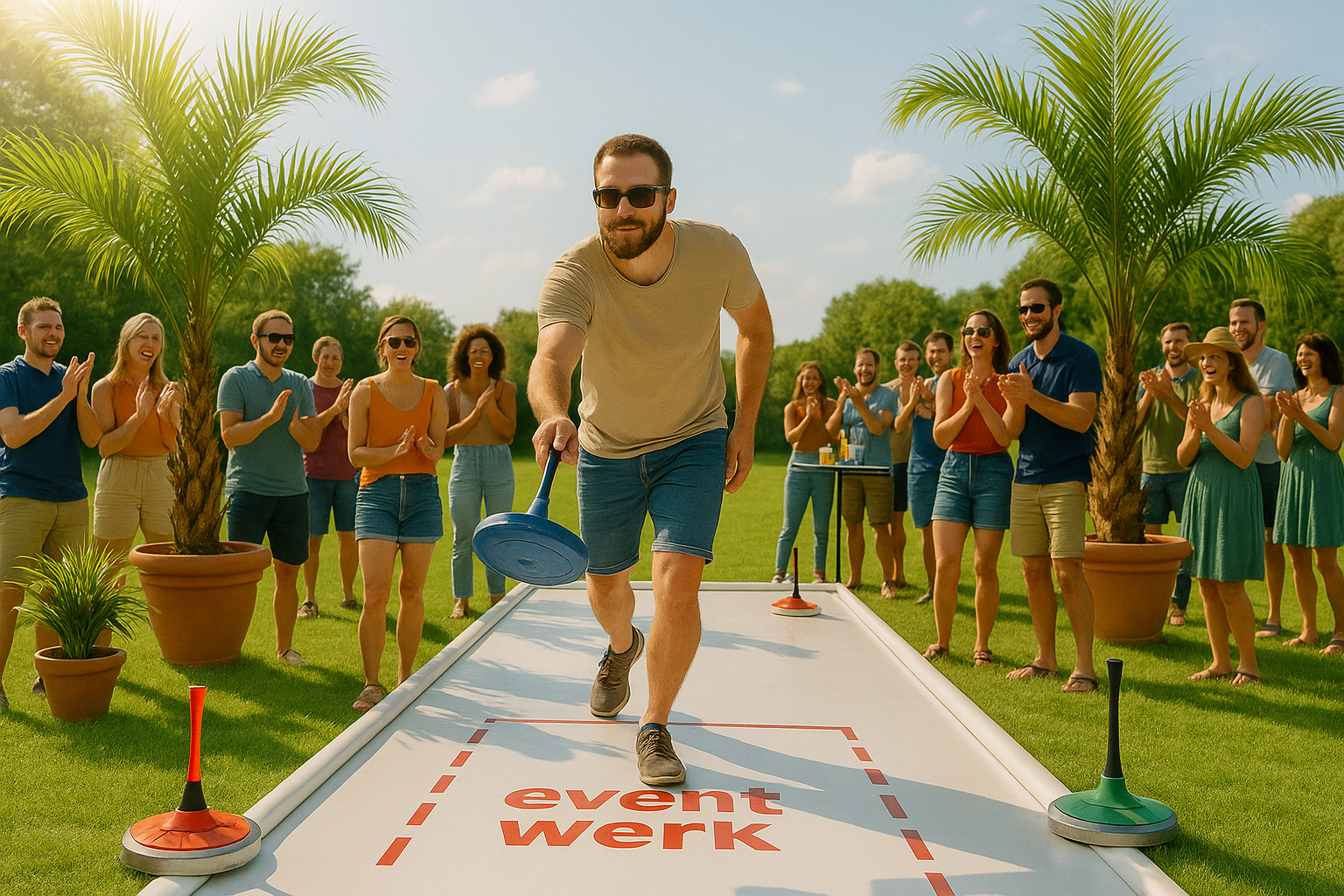Sommer Curling Bahn mieten von eventwerk., perfekt für Firmenveranstaltungen, Tagungen, Sommerfeste, interaktives Eventmodul